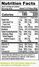 Nutrition facts label for a food product with serving size, calories, and nutritional content details.