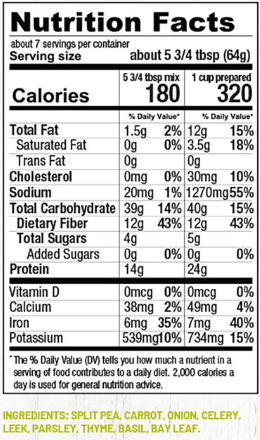 Nutrition facts label for a food product with serving size, calories, and nutritional content details.
