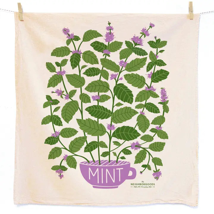 Tea towel with mint plant design and 'Mint' text on a white background