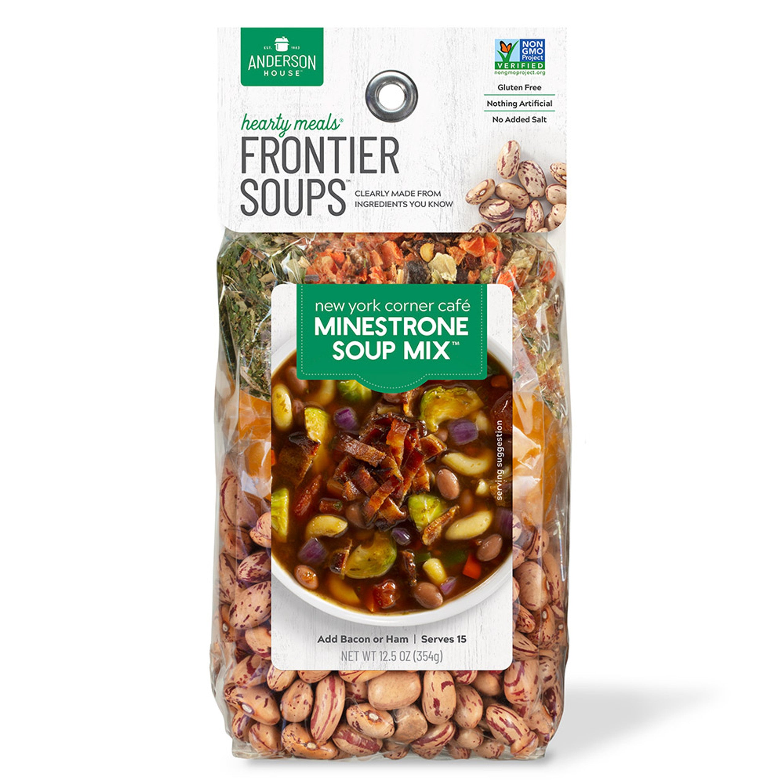 Packaging of New York Corner Cafe Minestrone Soup Mix by Frontier Soups, featuring the soup's ingredients like beans, macaroni, and Brussels sprouts on the front, with the label indicating it's a gluten-free product.