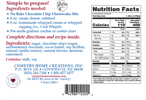 Back of a chocolate chip cheesecake mix package with ingredients, nutrition facts, and contact information.
