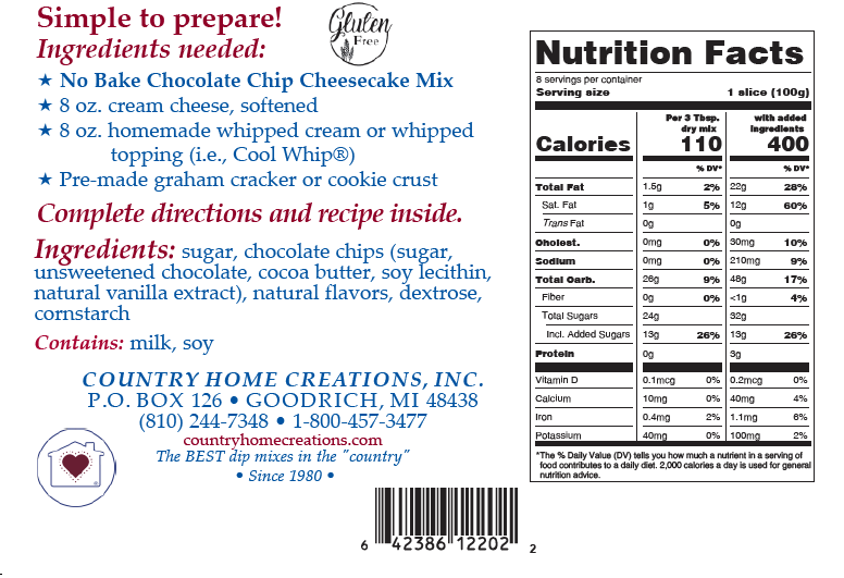 Back of a chocolate chip cheesecake mix package with ingredients, nutrition facts, and contact information.