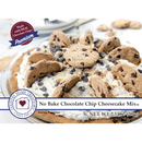 No Bake Chocolate Chip Cheesecake Mix in a glass dish, topped with chocolate chips and broken chocolate chip cookies, with branding and 'Made with REAL Chocolate Chips!' badge on a white background.