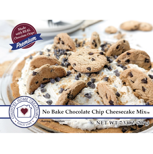 No Bake Chocolate Chip Cheesecake Mix in a glass dish, topped with chocolate chips and broken chocolate chip cookies, with branding and 'Made with REAL Chocolate Chips!' badge on a white background.