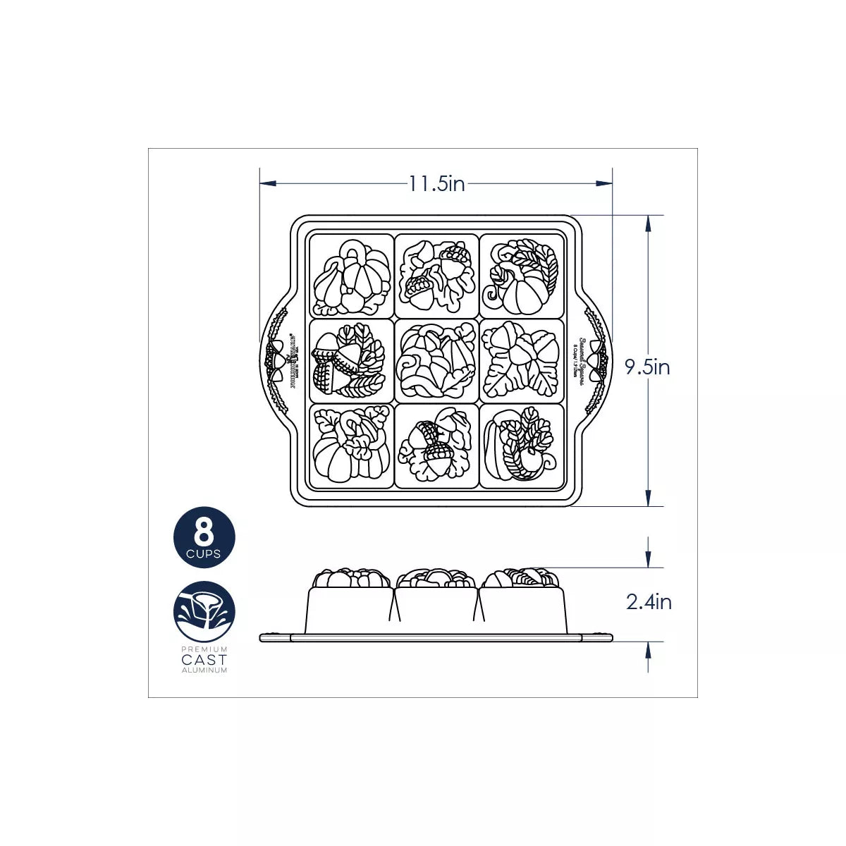 Diagram of a square baking mold with dimensions and illustrations of sushi shapes.