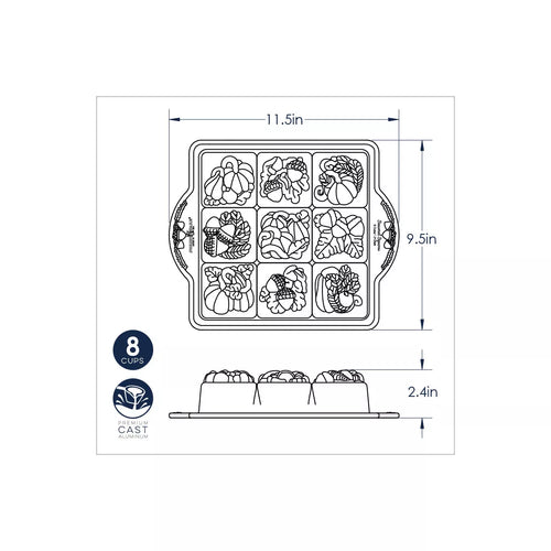 Diagram of a square baking mold with dimensions and illustrations of sushi shapes.