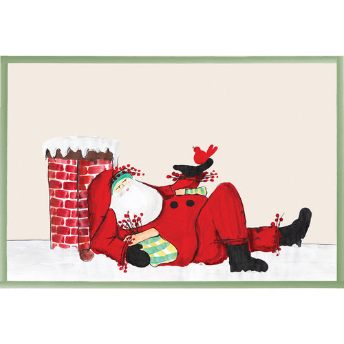 Illustration of Santa Claus lying on the ground next to a chimney on a paper placemat.