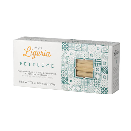Box of Pasta Liguria Fettucce with decorative pattern on a white background