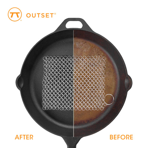 Before and after comparison of a cast iron skillet using a chainmail scrubber, with Outset brand logo.