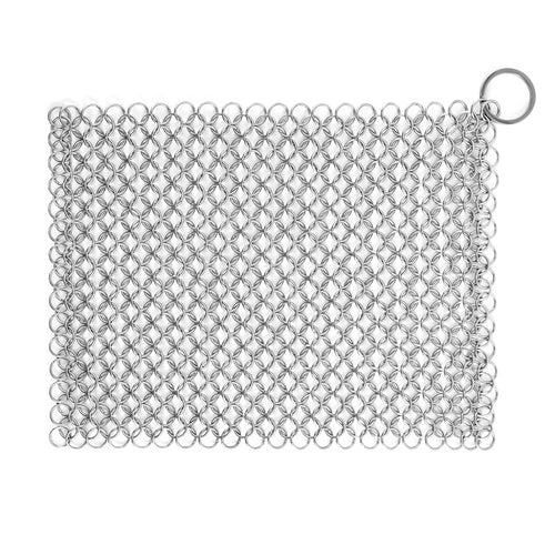 Metallic chainmail scrubber on a white background