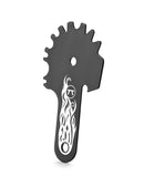 Black grill cleaning tool with sprocket design and flame pattern on a white background
