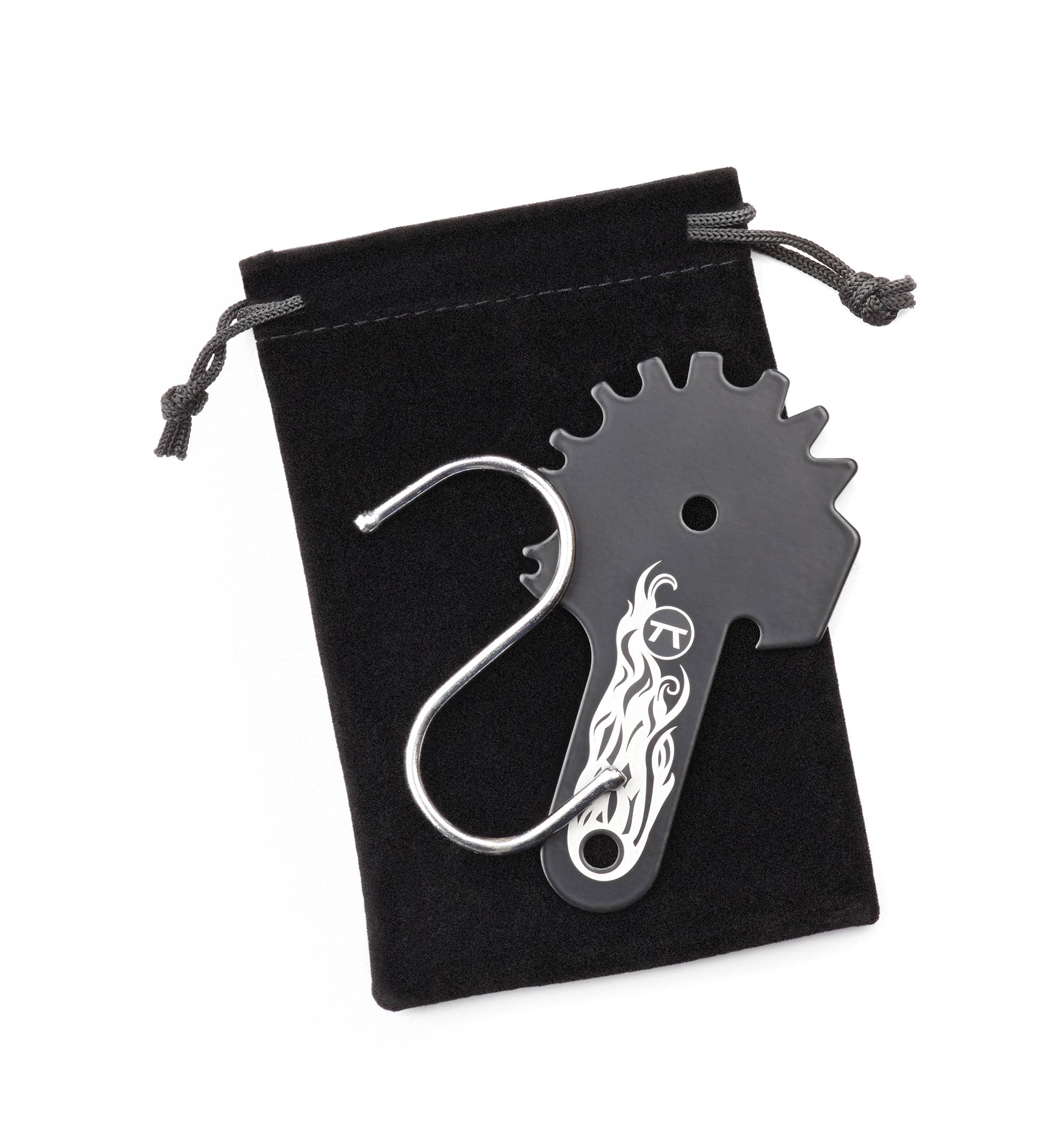 Grill cleaning tool with gear design on a black drawstring bag