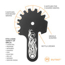 Grill tool with features labeled on a white background, featuring the Outset brand.