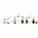 Step-by-step illustration of a French press coffee brewing process.