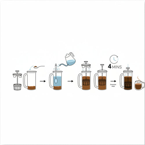 Step-by-step illustration of a French press coffee brewing process.