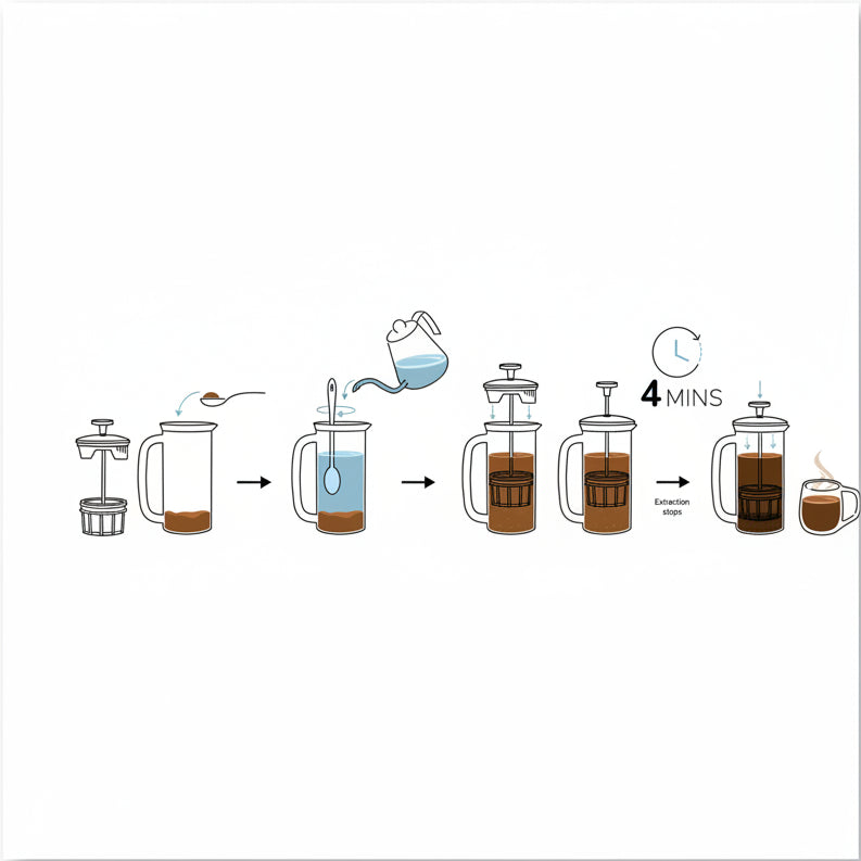 Step-by-step illustration of a French press coffee brewing process.
