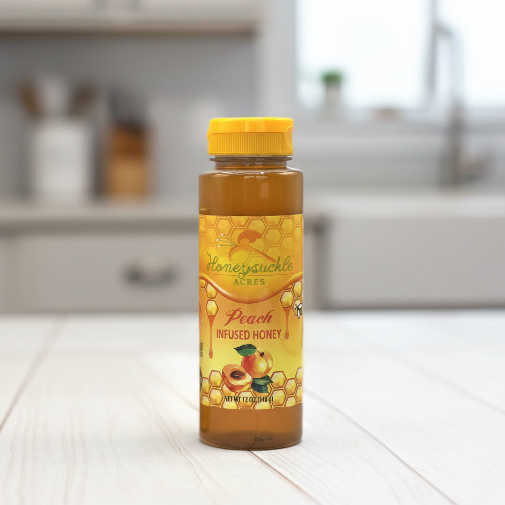 Bottle of peach-infused honey with a yellow cap on a white background