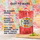 Peach margarita mix in a bag with text on a colorful background