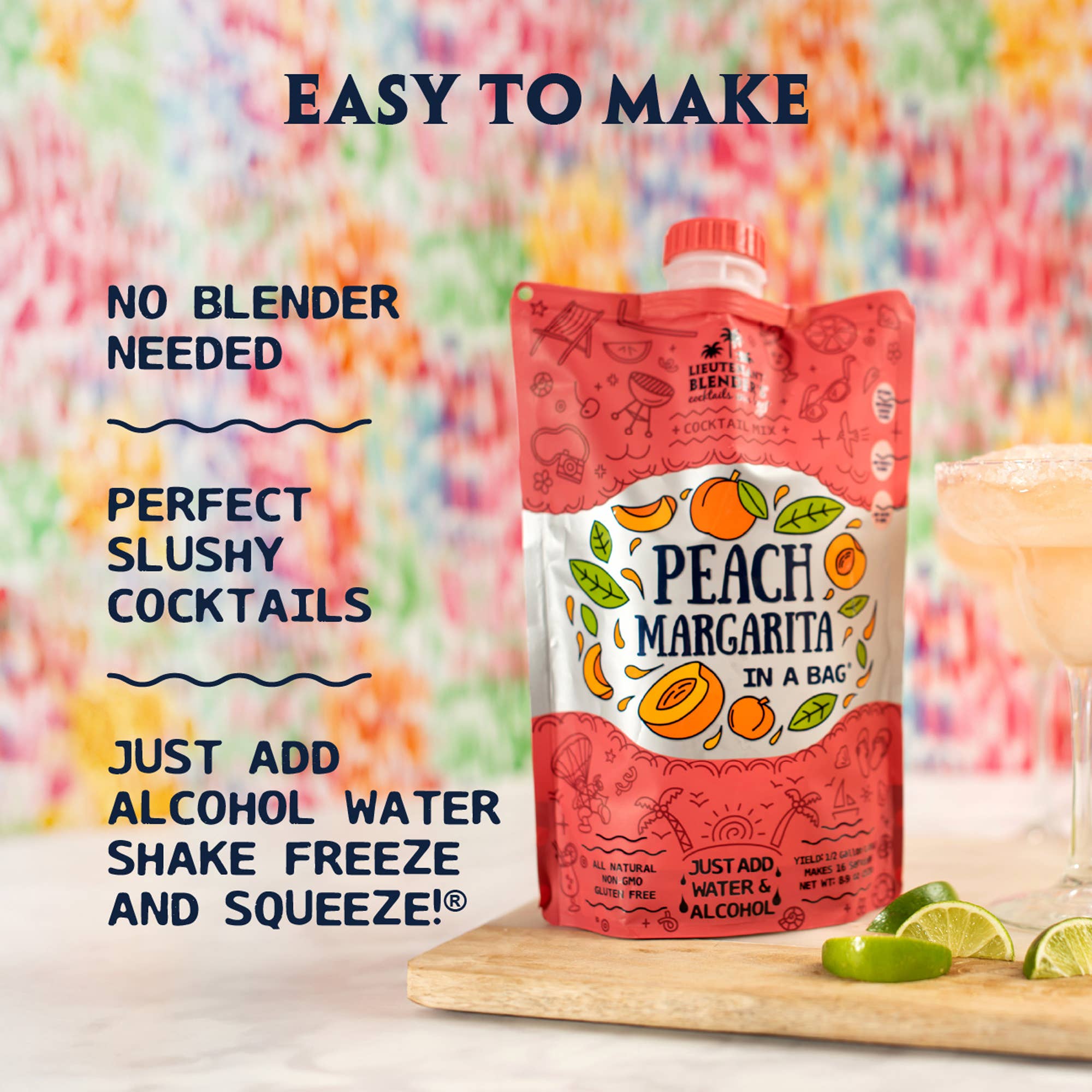Peach margarita mix in a bag with text on a colorful background