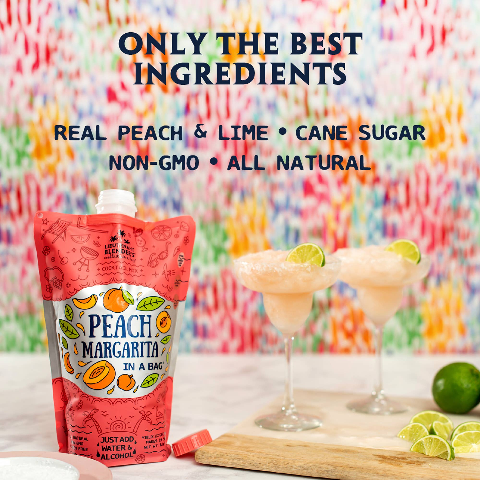 Peach margarita mix bag with two margaritas and a lime on a colorful background.