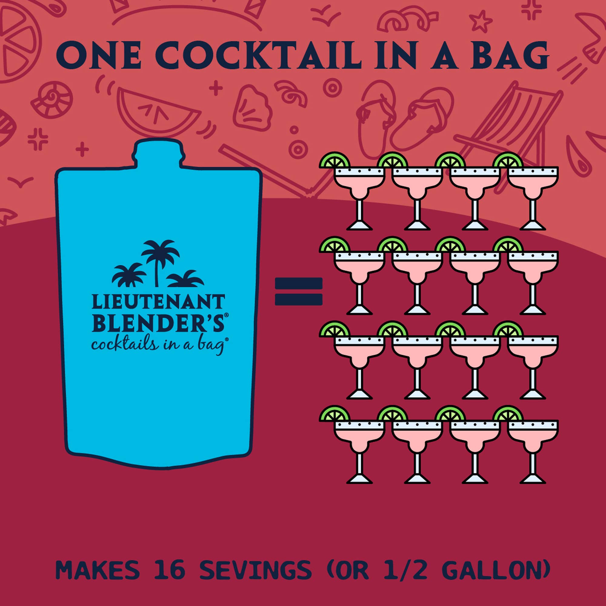 Blue cocktail bag with 'Lieutenant Blender's' branding on a red background with cocktail illustrations.