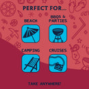 Product advertisement with icons for beach, BBQs & parties, camping, and cruises on a red background.