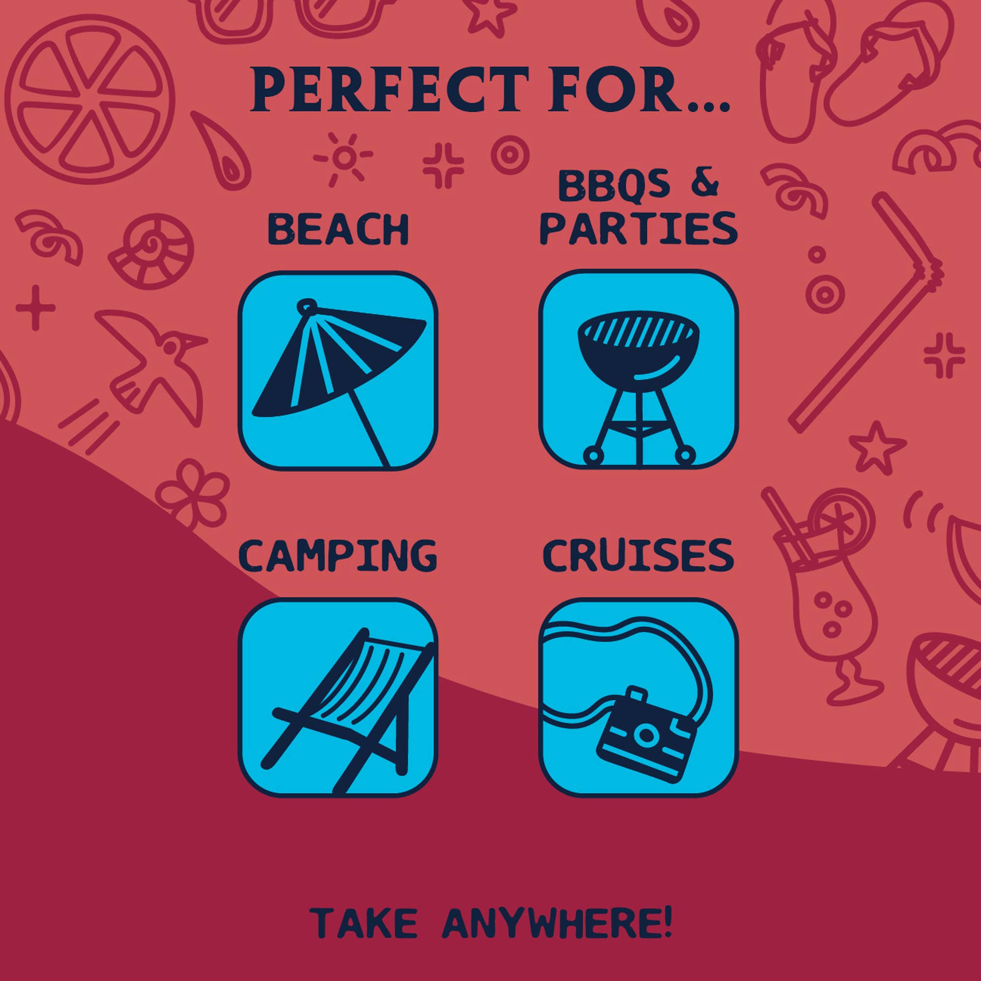 Product advertisement with icons for beach, BBQs & parties, camping, and cruises on a red background.