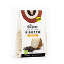 A package of Gli Aironi Risotto Cacio e Pepe, featuring a white stand-up pouch with a clear window showing the rice inside, accompanied by illustrations of black peppercorns and a slice of pecorino cheese.
