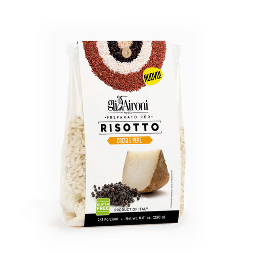 A package of Gli Aironi Risotto Cacio e Pepe, featuring a white stand-up pouch with a clear window showing the rice inside, accompanied by illustrations of black peppercorns and a slice of pecorino cheese.