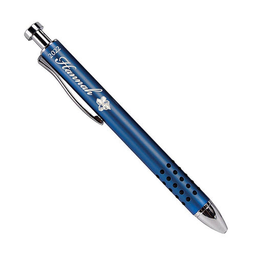 Blue pen with silver accents on a white background