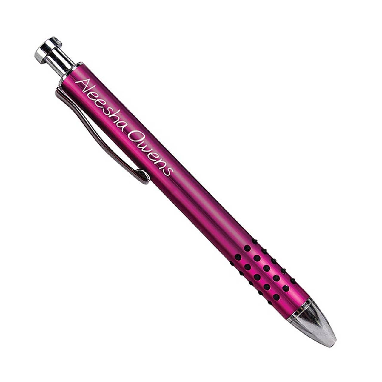 Pink pen with silver accents on a white background