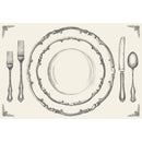 A paper placemat with a formal dinner setting illustration, including a plate, fork, knife, and spoon, with decorative borders.