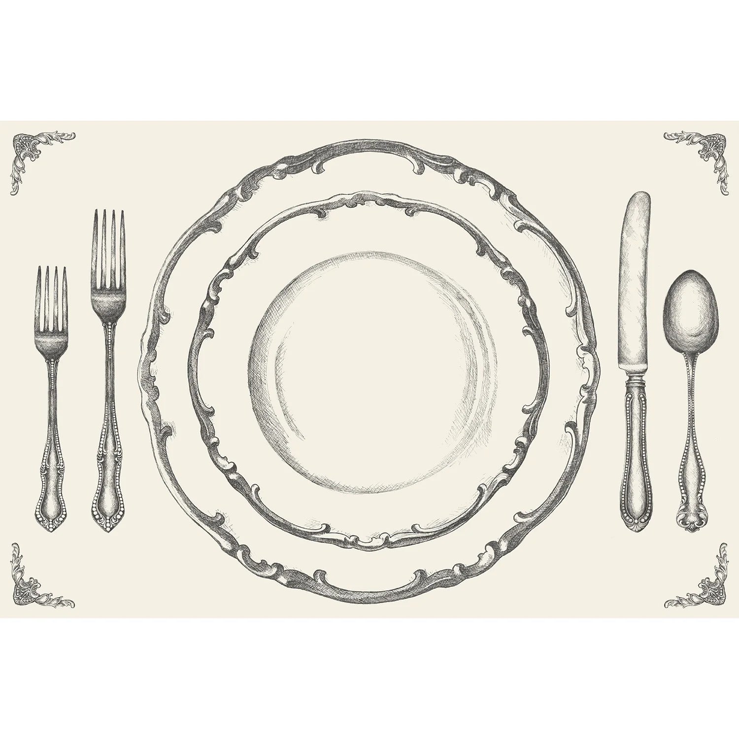 A paper placemat with a formal dinner setting illustration, including a plate, fork, knife, and spoon, with decorative borders.