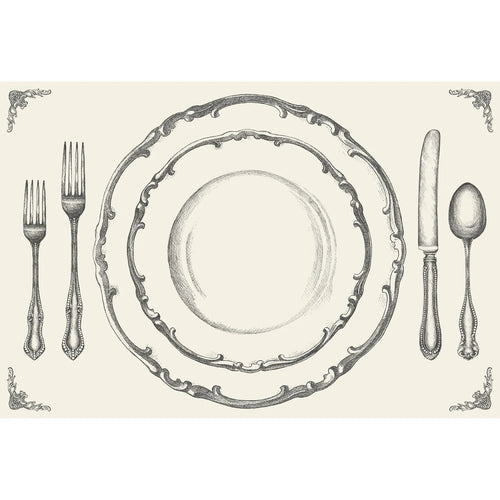 A paper placemat with a formal dinner setting illustration, including a plate, fork, knife, and spoon, with decorative borders.