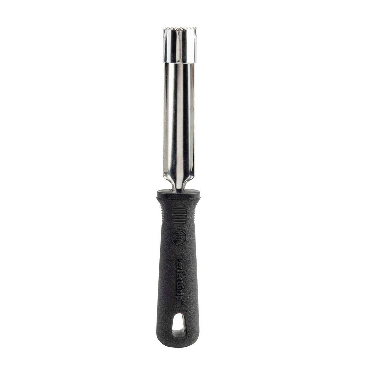 Metallic apple corer with black handle on a white background