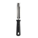 Metallic apple corer with black handle on a white background
