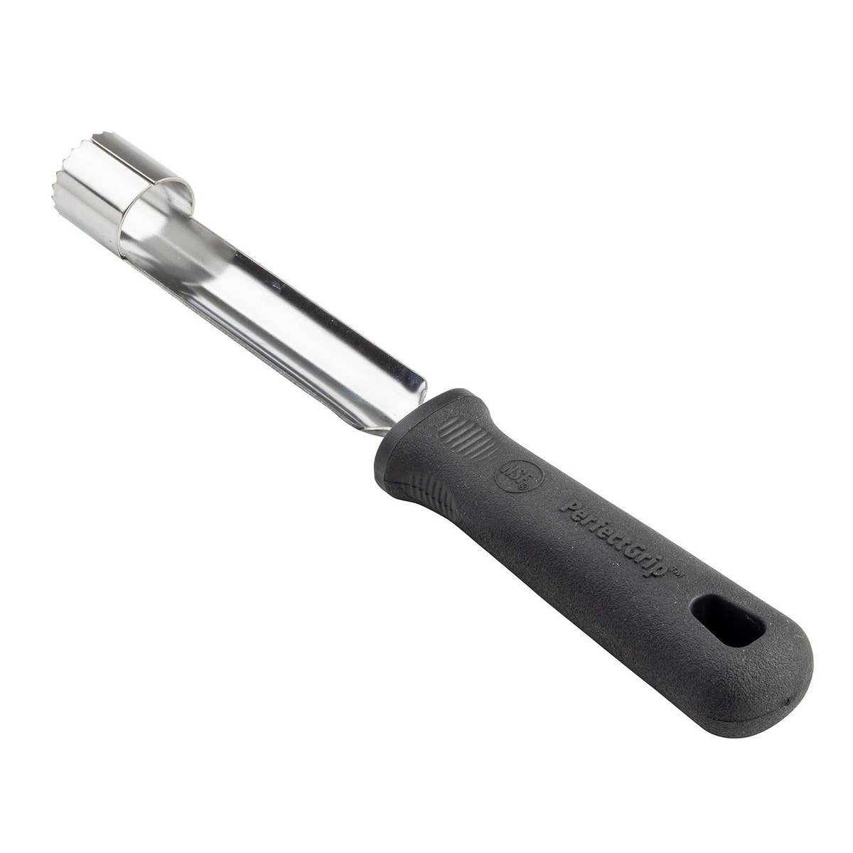 Metallic apple corer with black handle on a white background