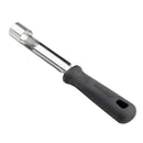 Metallic apple corer with black handle on a white background