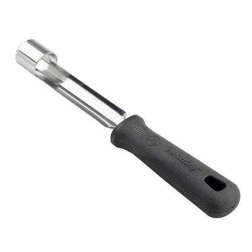 Metallic apple corer with black handle on a white background