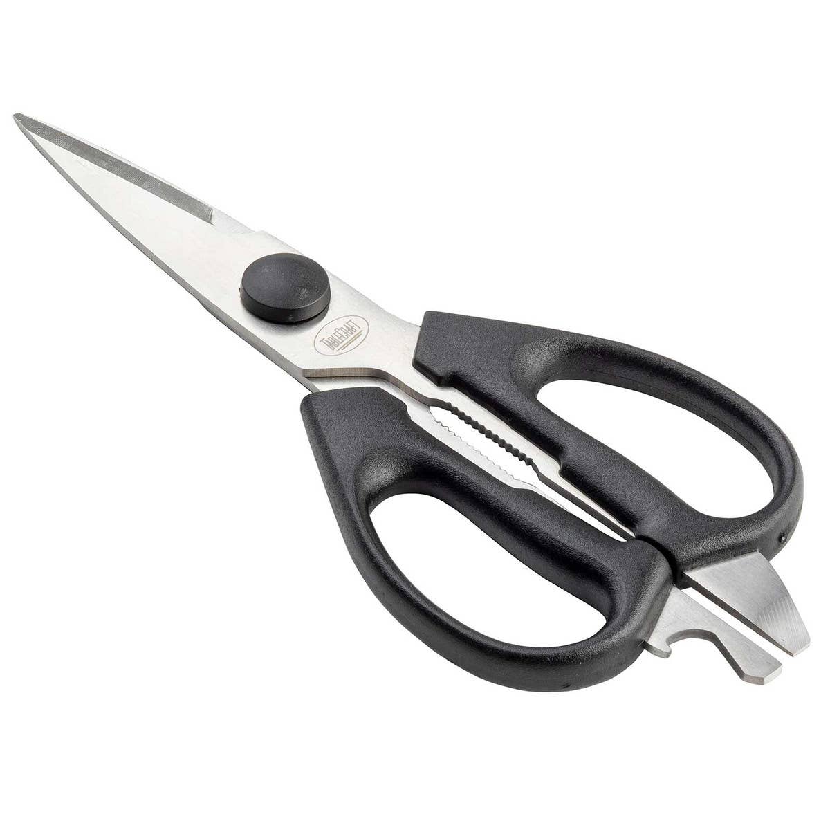 Pair of kitchen shears with black handles on a white background