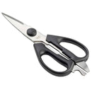 Pair of kitchen shears with black handles on a white background