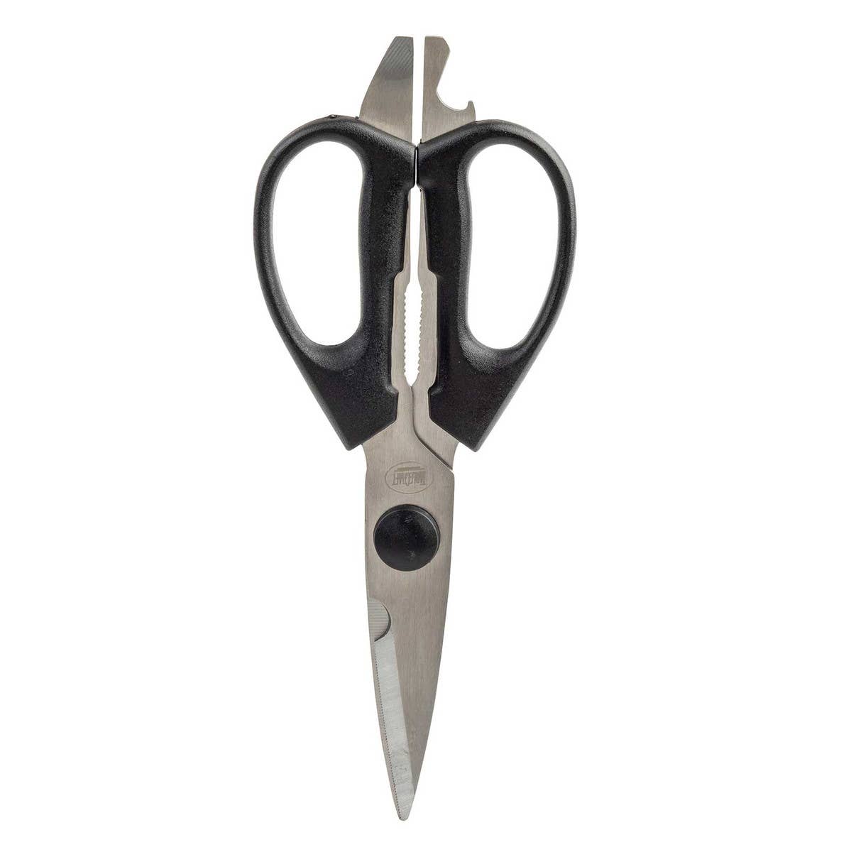 Pair of scissors with black handles on a white background