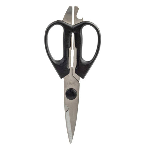 Pair of scissors with black handles on a white background