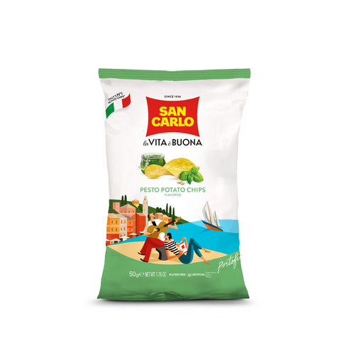San Carlo Vita Buona Pesto Potato Chips packaging on a white background