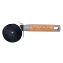 A pizza cutter blade with a wooden handle that has 'Carla's Cutting Carbs' engraved on it.