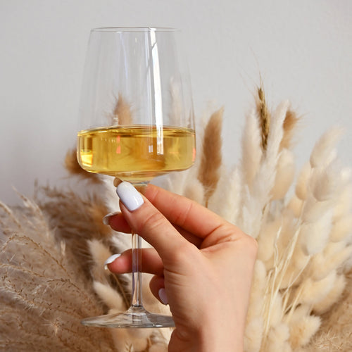 A person holding a wine glass filled with amber liquid with feathers and a neutral wall in the background.