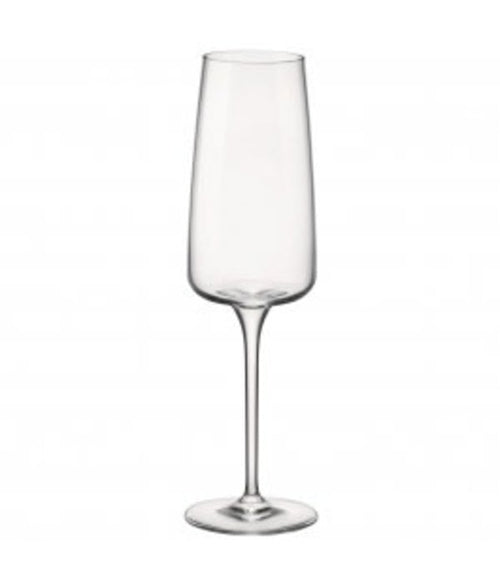 A champagne flute on a white background.
