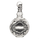 A silver-colored poison bottle table ornament with a skull design on top and intricate patterns around the body.