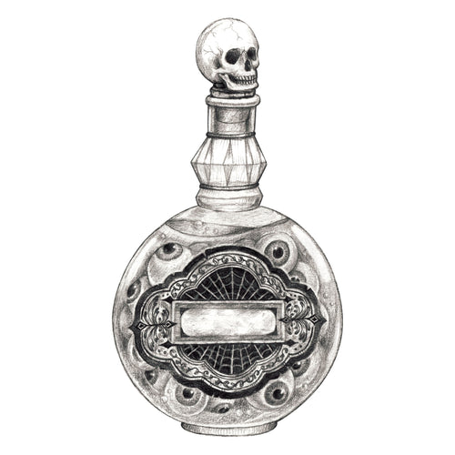A silver-colored poison bottle table ornament with a skull design on top and intricate patterns around the body.