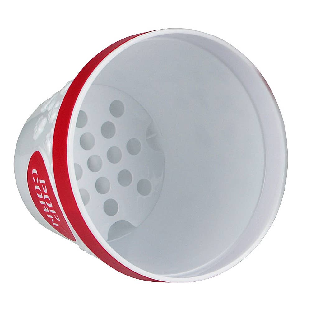 The inside of popcorn bowl with red accents on a white background.